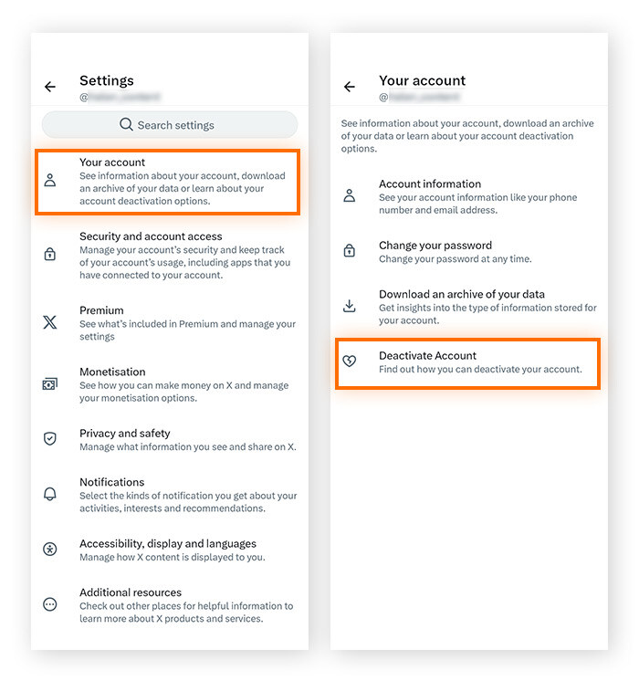 在 X 设置和隐私菜单中，点击你的账户，然后停用账户。