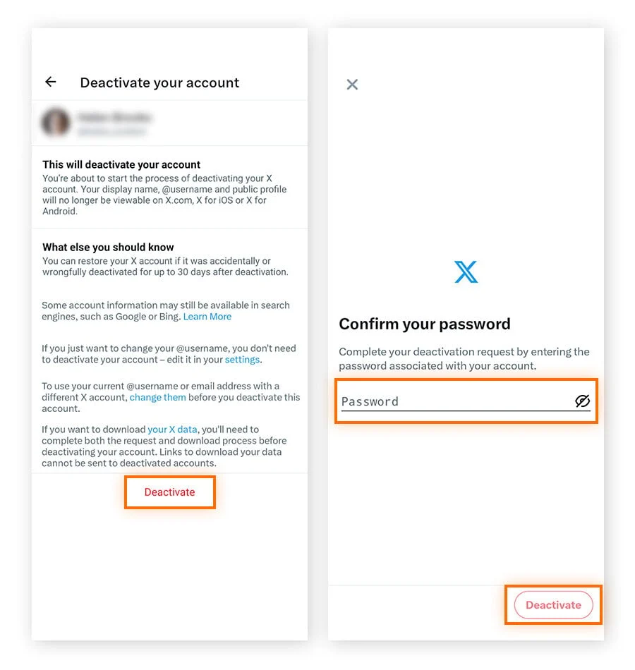 点击停用，输入密码，然后点击停用以确认删除你的 X 账户。