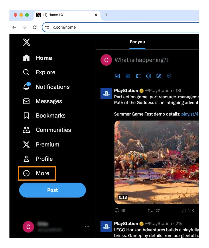 在 X 主菜单中，点击更多。