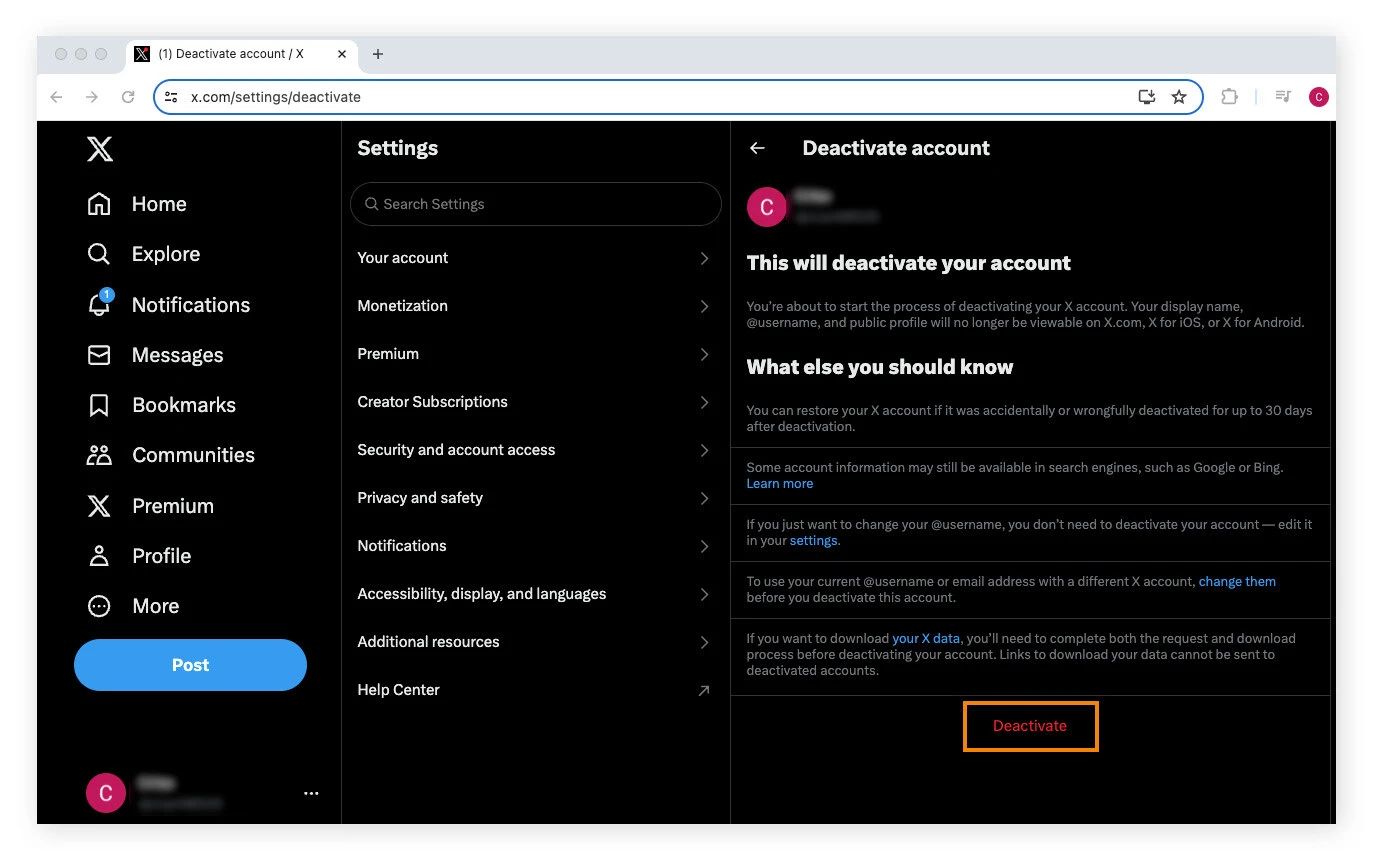 阅读有关停用 X 账户的信息并点击停用。