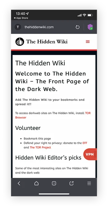 使用 Tor 浏览器访问暗网的非官方维基百科 The HiddenWiki。
