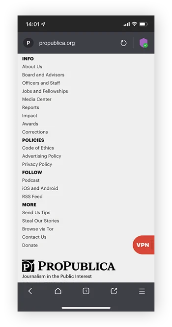 通过暗网使用 Tor 浏览器匿名访问 ProPublica。