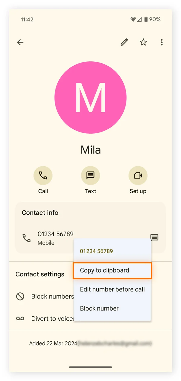 从联络人复制电话号码到 Android 剪粘板