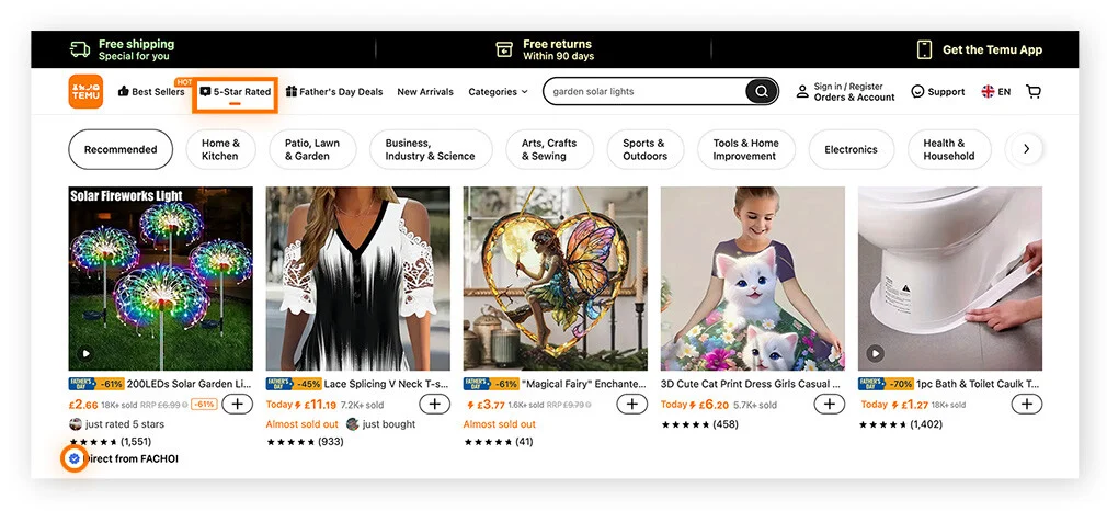 Temu.com 5星评价页面，强调了经过验证的卖家标记。
